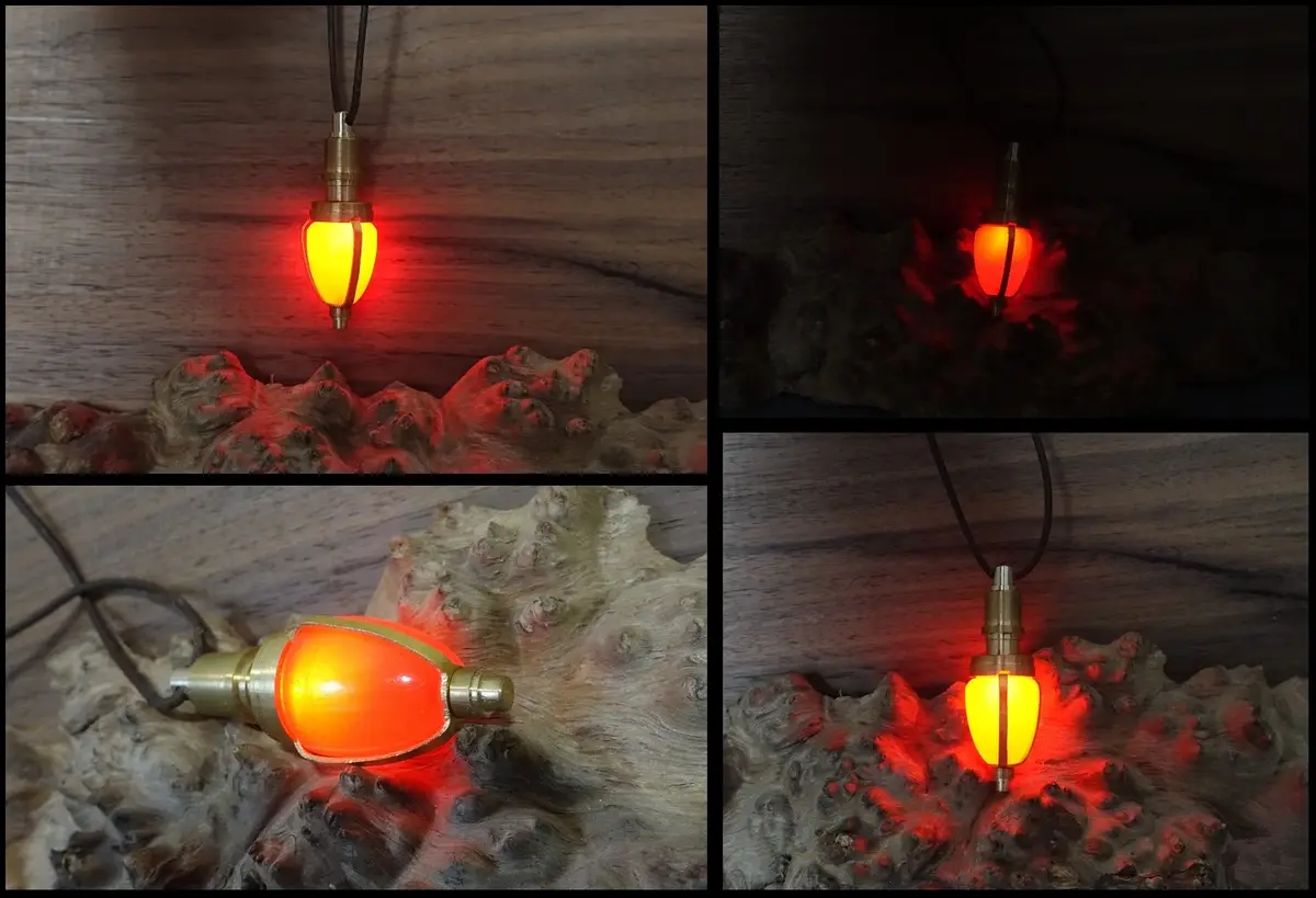 a collage of four photos showing a pendant-style light bulb necklace with a brass base and glowing orange-red glass bulb…
