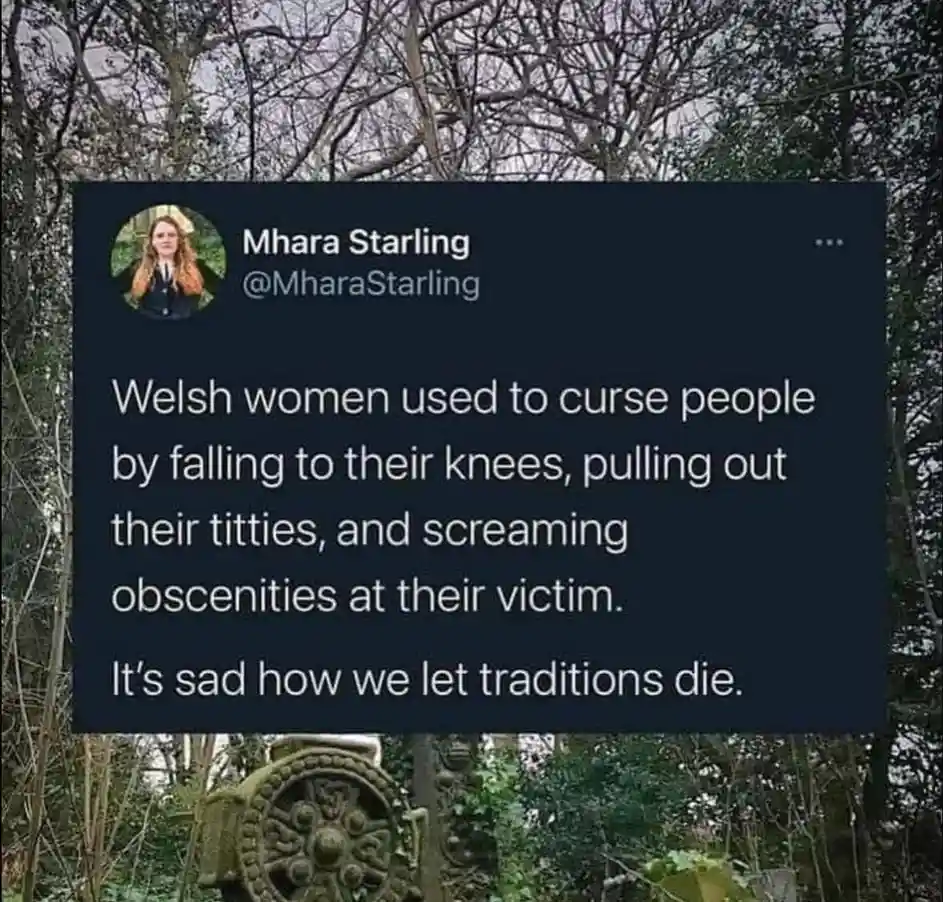A screenshot of a tweet by Mhara Starling (@MharaStarling) is overlaid on a background image of a mossy, ornate stone…