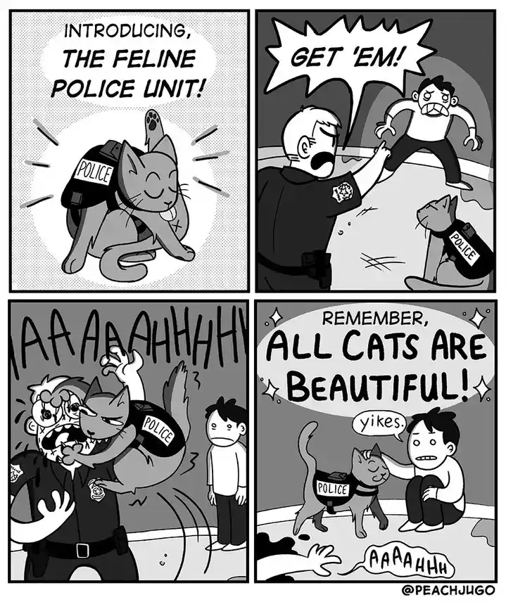A four-panel black-and-white comic strip introduces a 'Feline Police Unit' with a cat in a police vest. The cat is then…
