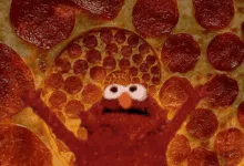 The image displays six identical panels of Elmo, the red Sesame Street character, superimposed onto a pepperoni pizza…