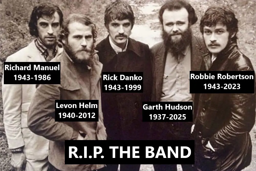 A black-and-white photo of five men, identified as Richard Manuel (1943-1986), Rick Danko (1943-1999), Robbie Robertson…