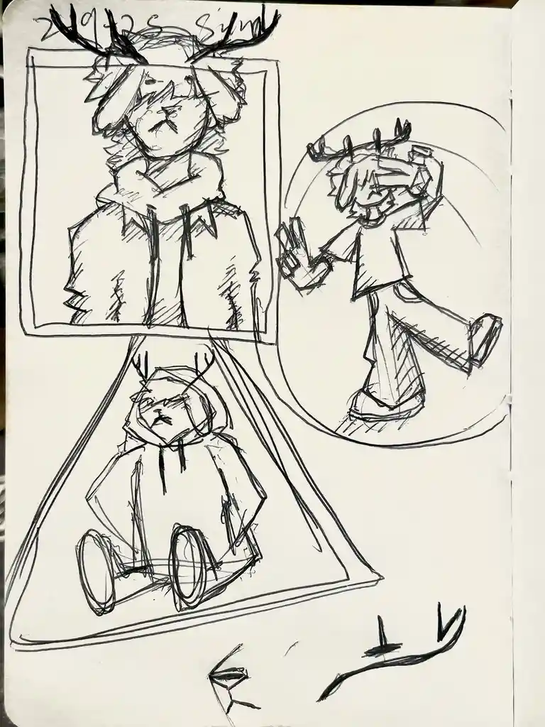 A black-and-white sketch shows three depictions of a character with antlers: one in a framed portrait looking tired, one…