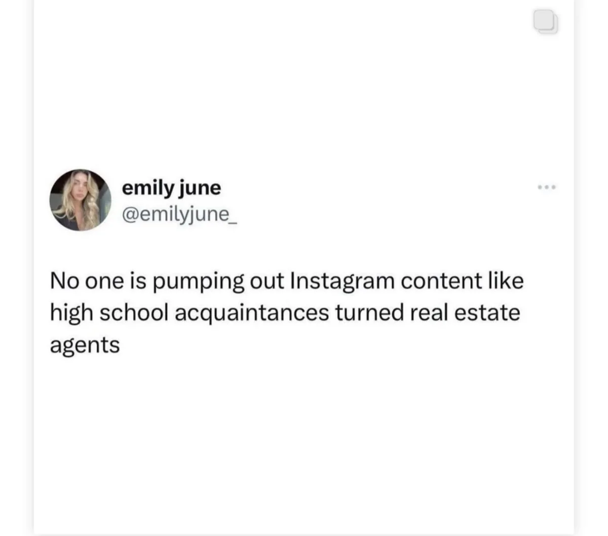 A screenshot of a tweet from user 'emily june' (@emilyjune_) showing a white background with black text. The tweet reads…