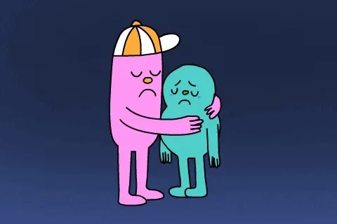 The image shows two cartoon characters, a pink one wearing a cap and a teal one, hugging in three frames across two rows. In…