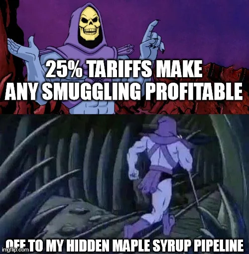 The top panel shows Skeletor from Masters of the Universe with arms outstretched, overlaid with the text '25% TARIFFS MAKE…