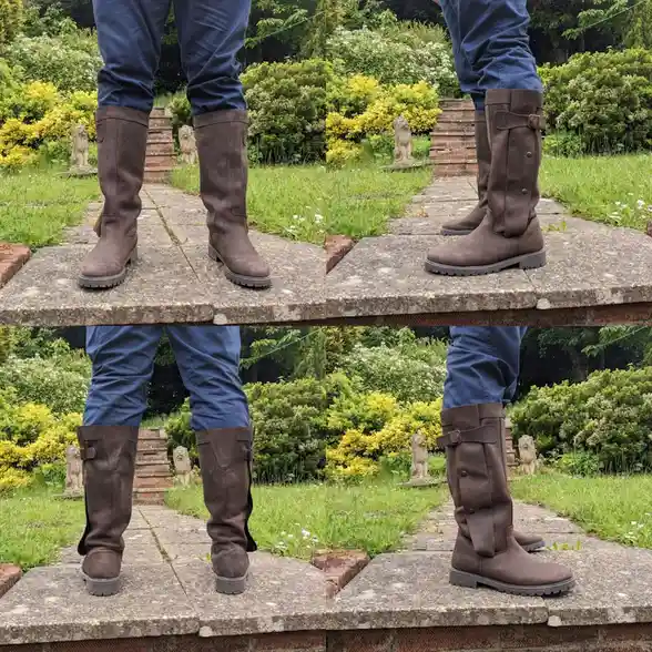 A split-screen image shows a person wearing brown knee-high boots on a stone path in a garden. The top half shows the boots…