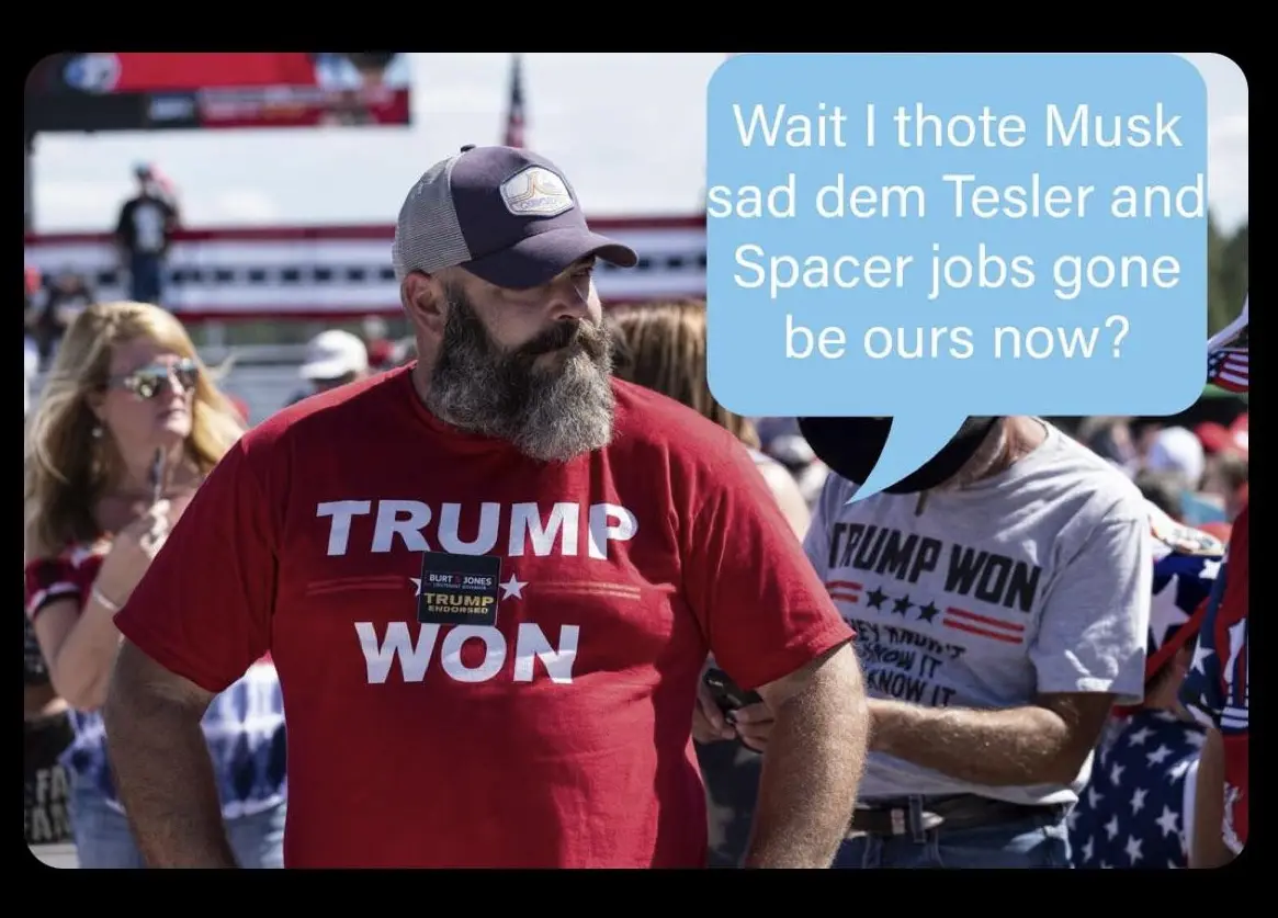 A man with a beard wearing a red 'TRUMP WON' t-shirt and a baseball cap stands in a crowd. A blue speech bubble next to him…