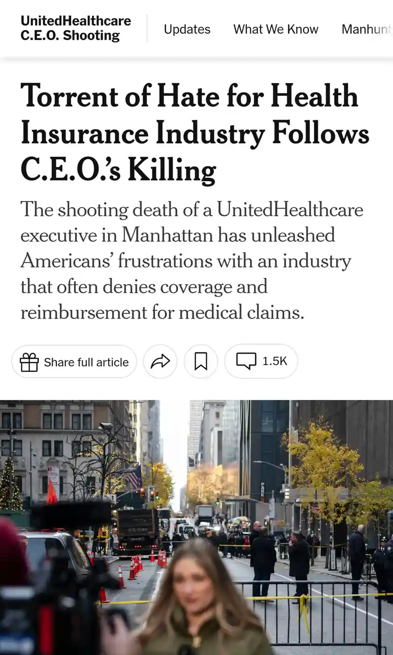 A screenshot of a news article with the headline 'Torrent of Hate for Health Insurance Industry Follows C.E.O.'s Killing'…