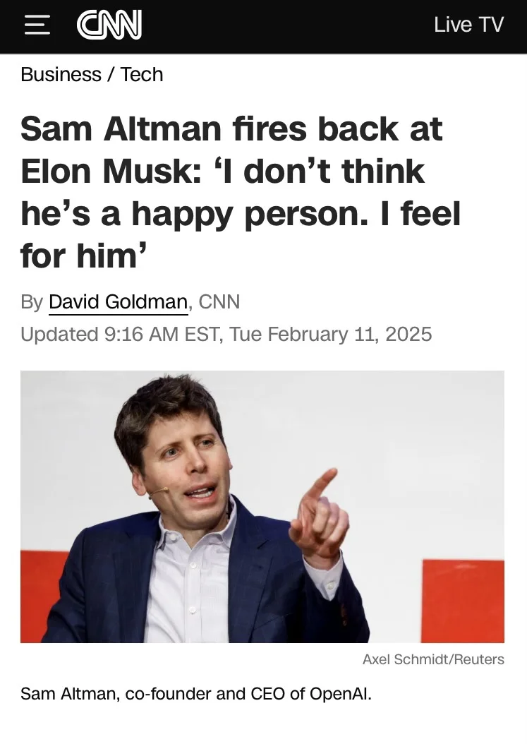 A screenshot of a CNN news article from February 11, 2025, featuring a photo of Sam Altman, co-founder and CEO of OpenAI…