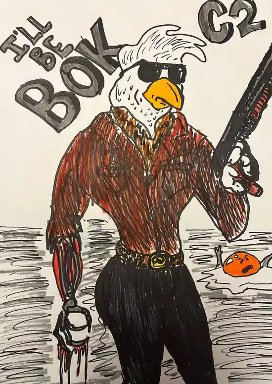 A hand-drawn illustration shows a muscular bald eagle wearing sunglasses, a red shirt, and black pants, holding a shotgun…