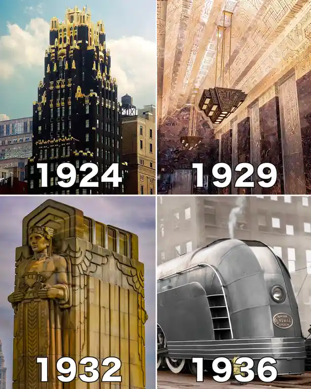 A four-panel image collage showing iconic Art Deco architecture and technology from the 1920s and 1930s, each panel labeled…