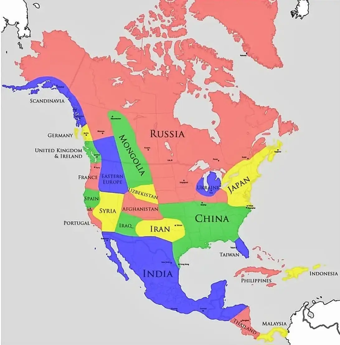 A map of North America is humorously redrawn to show countries like Russia, China, and India occupying the entire continent…