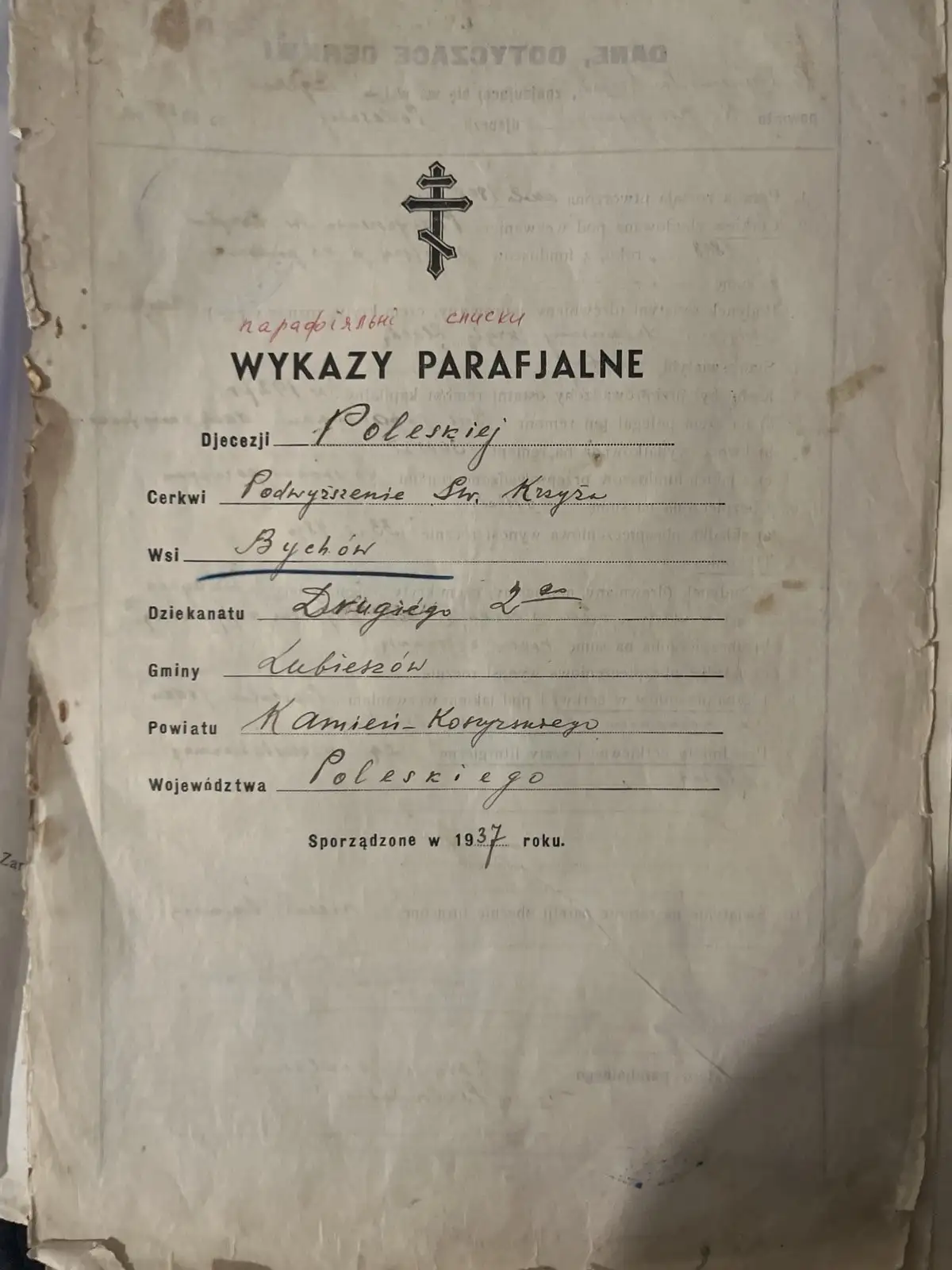 An aged, yellowed Polish church parish register page from 1937, titled 'Wykazy Parafjalne,' with handwritten entries for…