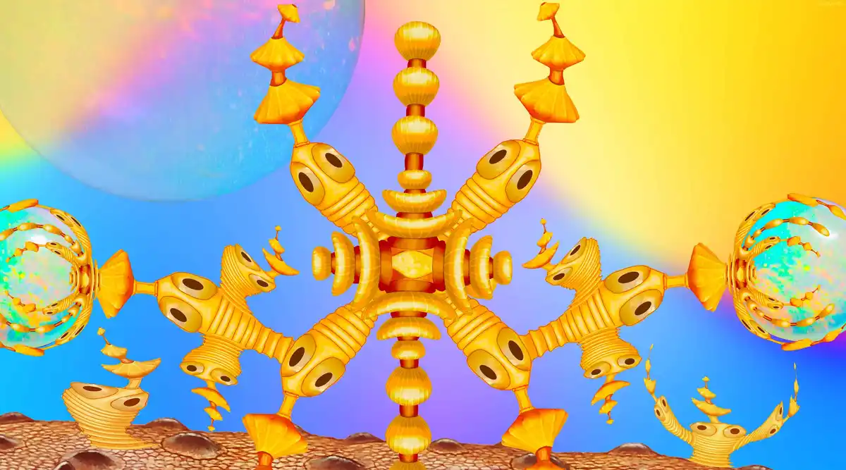 A surreal, golden, multi-limbed alien creature with multiple eyes and tentacle-like appendages stands on a rocky surface…