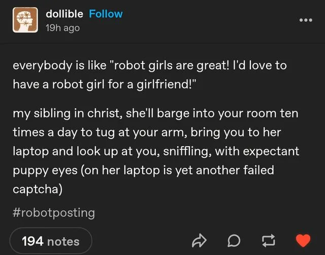 The image shows a screenshot of a social media post with white text on a dark background. The text humorously contrasts the…
