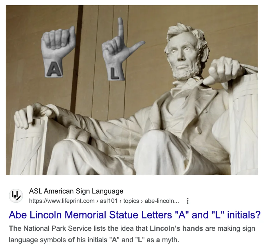 The image shows the seated statue of Abraham Lincoln at the Lincoln Memorial, with two digitally added American Sign…