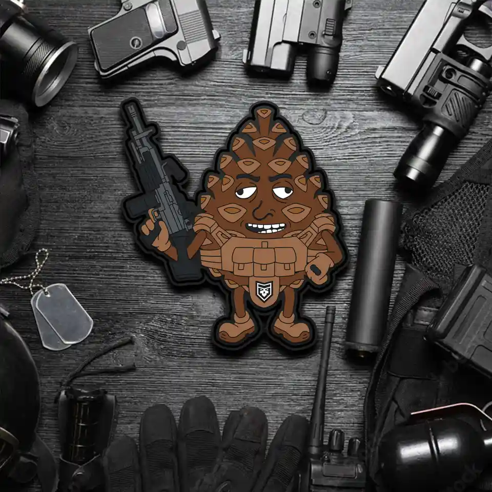 A cartoon pinecone character wearing tactical gear and holding an assault rifle is centered on a dark wooden surface…
