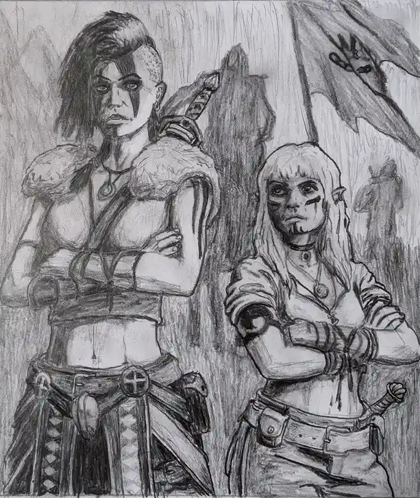 A pencil sketch depicts two fantasy warrior women standing side-by-side with arms crossed, both wearing armor and facial…