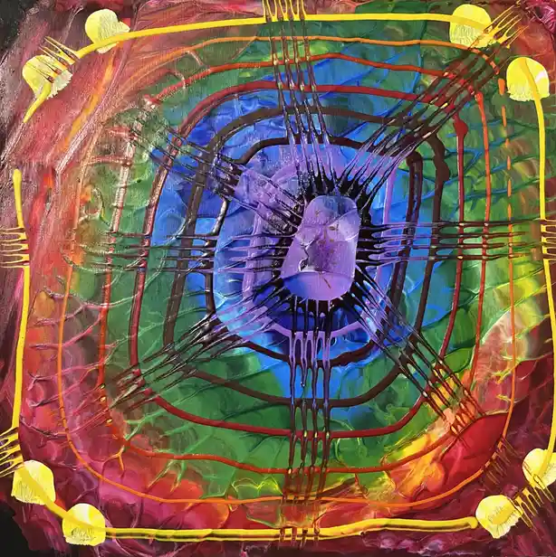 A vibrant abstract painting features a central purple, jellyfish-like form with black tendrils radiating outward, surrounded…