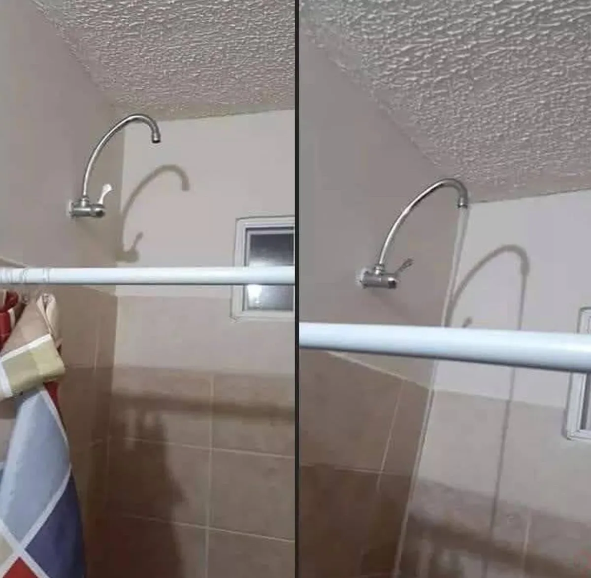 A split-screen image shows a bathroom shower faucet in two states: left side shows the faucet off with its shadow cast on…