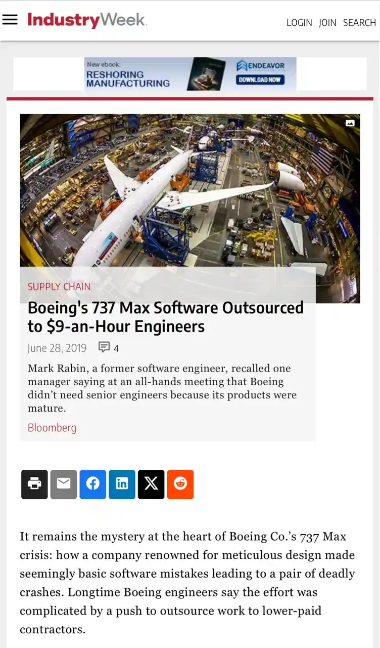 Boeing's 737 Max: Outsourcing Software Development to $9 an Hour Engineers