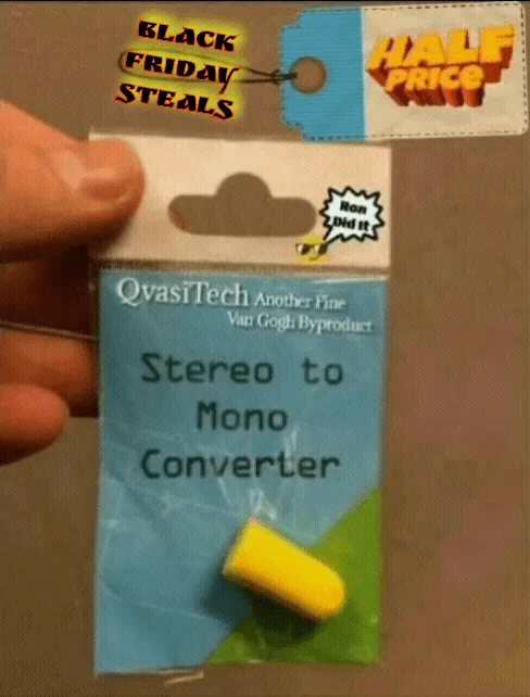 A hand holds a product package labeled 'QvasiTech Another Fine Van Gogh Byproduct Stereo to Mono Converter' with a yellow…