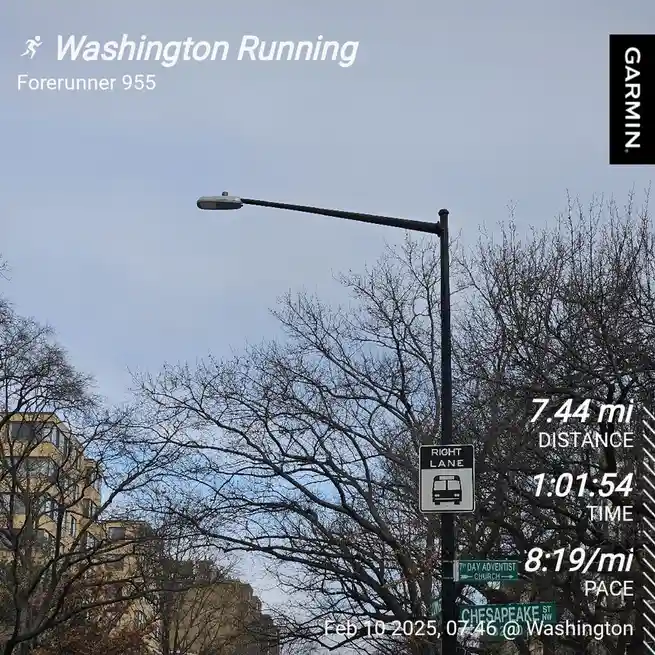 A screenshot from a Garmin Forerunner 955 GPS watch shows a running route in Washington, with stats like 7.44 miles, 1 hour…