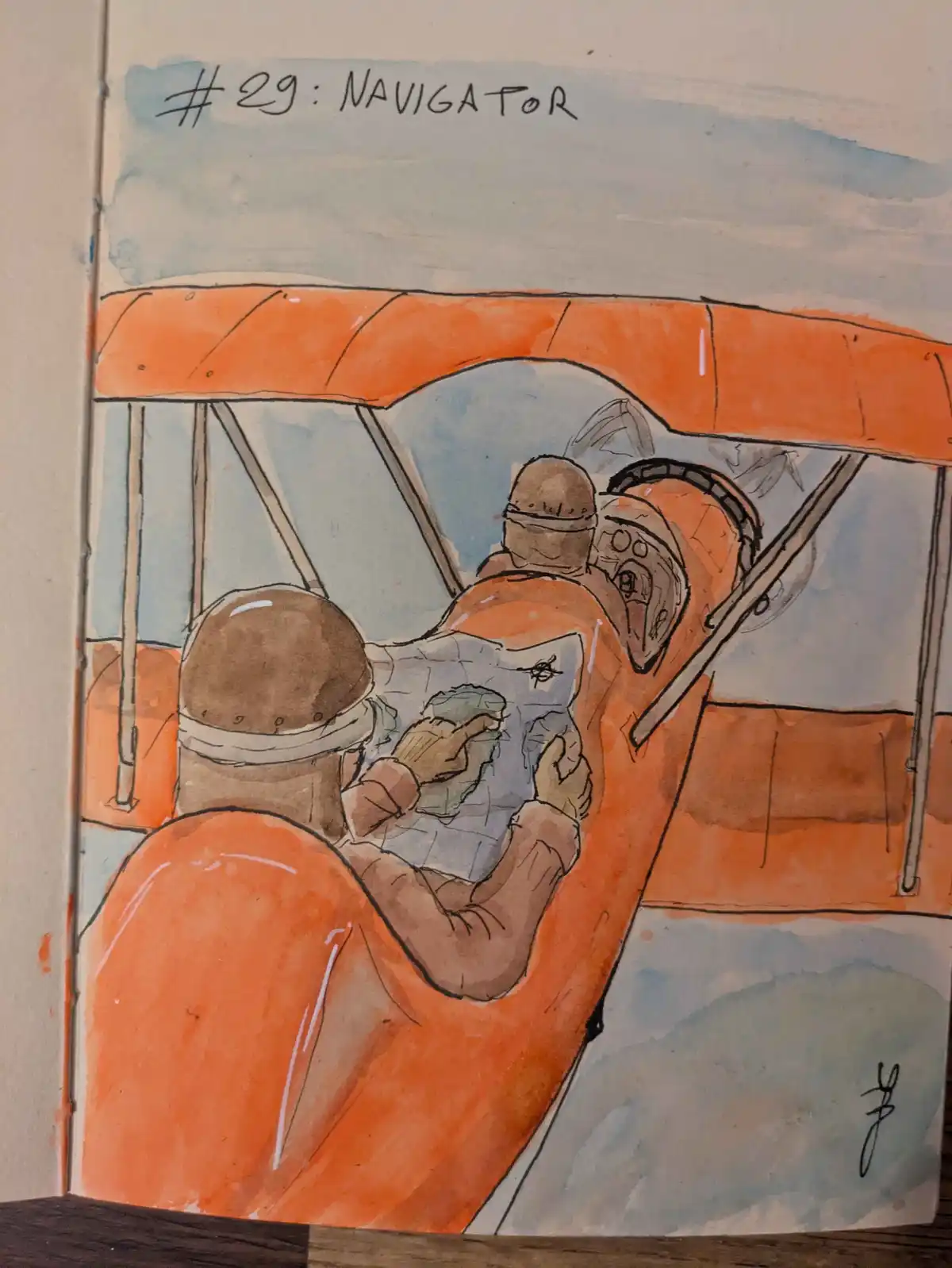 A watercolor illustration shows two pilots in an orange biplane cockpit, viewed from behind. The front pilot wears a helmet…