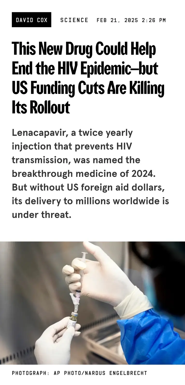 An article screenshot shows a headline about a new HIV prevention drug, Lenacapavir, being threatened by US funding cuts…