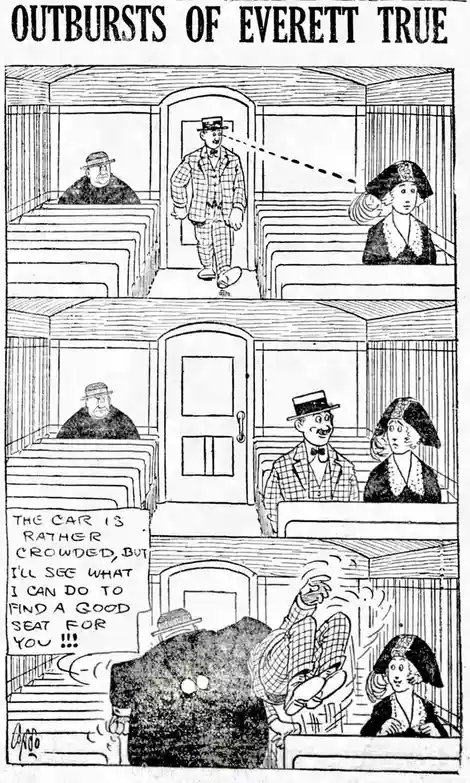 A vintage three-panel comic strip titled 'OUTBURSTS OF EVERETT TRUE' shows a man in a plaid suit and bowler hat trying to…