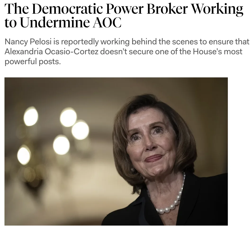 The image shows a close-up of Nancy Pelosi looking upward with a subtle, knowing expression, wearing a black suit and pearl…