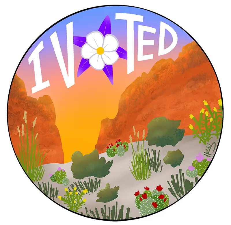 A circular desert landscape illustration with orange rock formations, green cacti and grasses, and a sunset sky. The word…