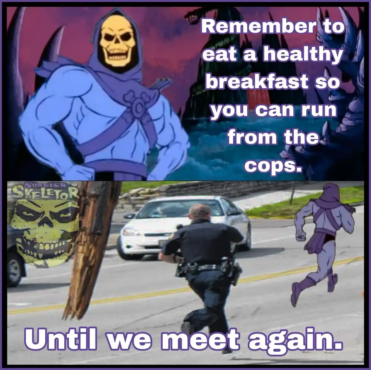 The top panel shows the cartoon villain Skeletor standing menacingly against a dark, fantasy backdrop with overlaid text…