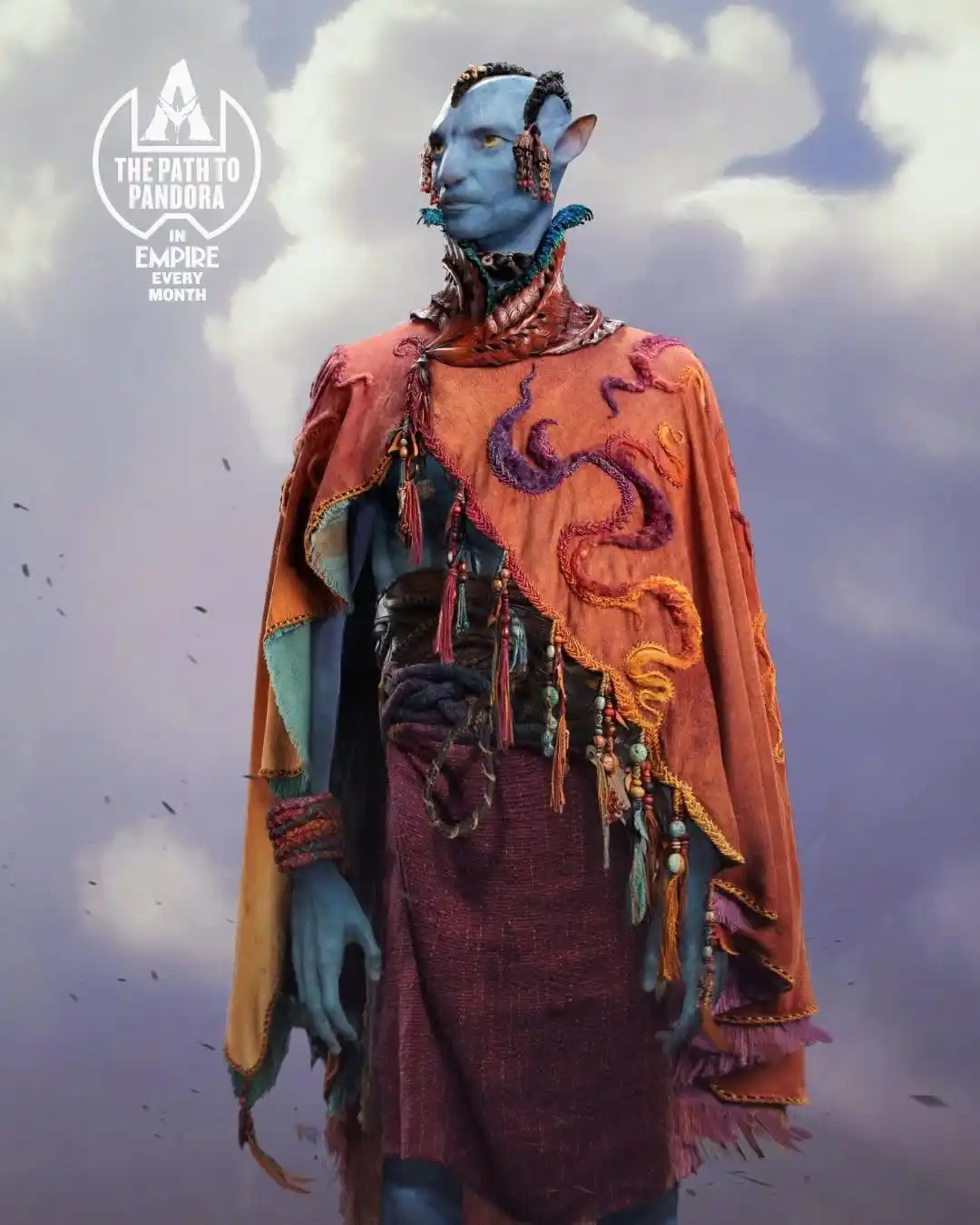 A blue-skinned Na'vi character from Avatar stands against a cloudy sky, wearing a colorful, ornate cloak with embroidery and…