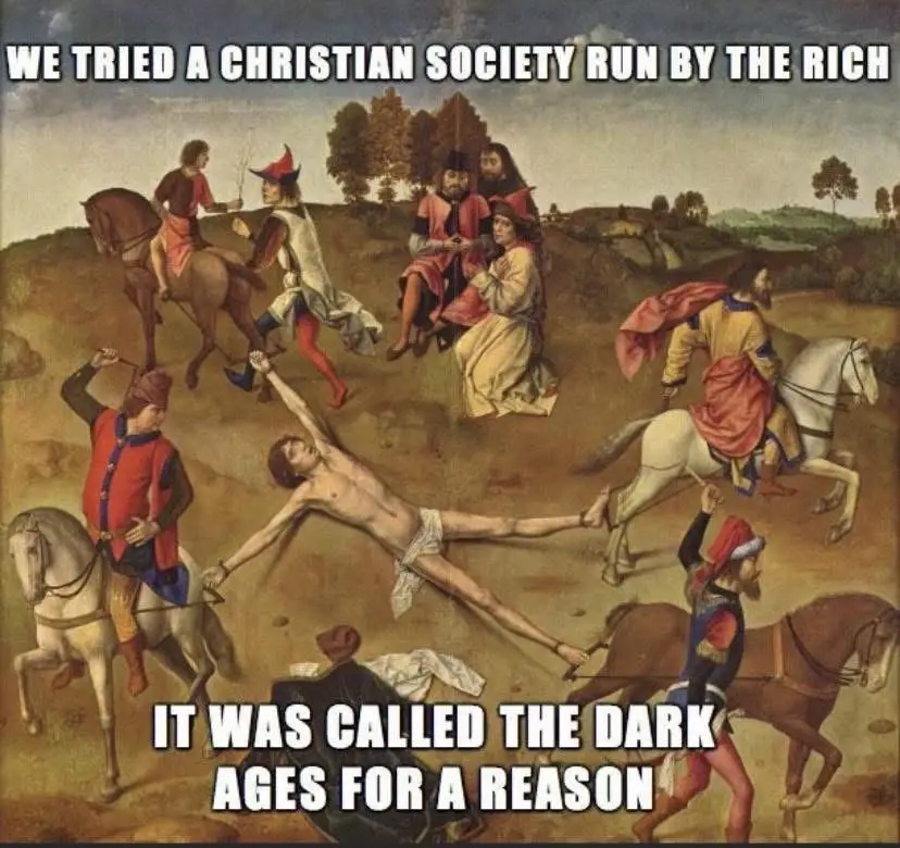 A historical painting depicts a man being dragged and whipped by mounted men in red and blue uniforms while others watch…
