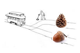 A black-and-white line drawing shows a trolley car on tracks, with a man shoveling snow off the tracks. Ahead, a pinecone…