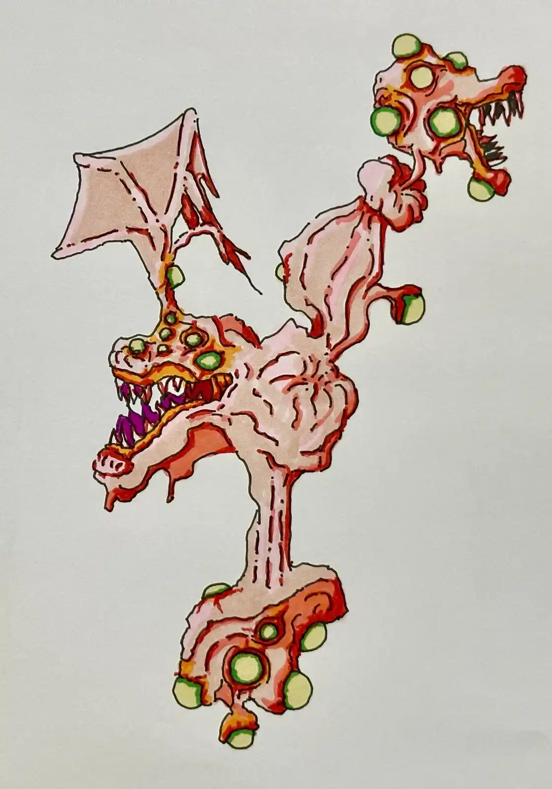 A hand-drawn, grotesque creature resembling a dragon made of melted pizza, with multiple heads, wings, and green olives as…