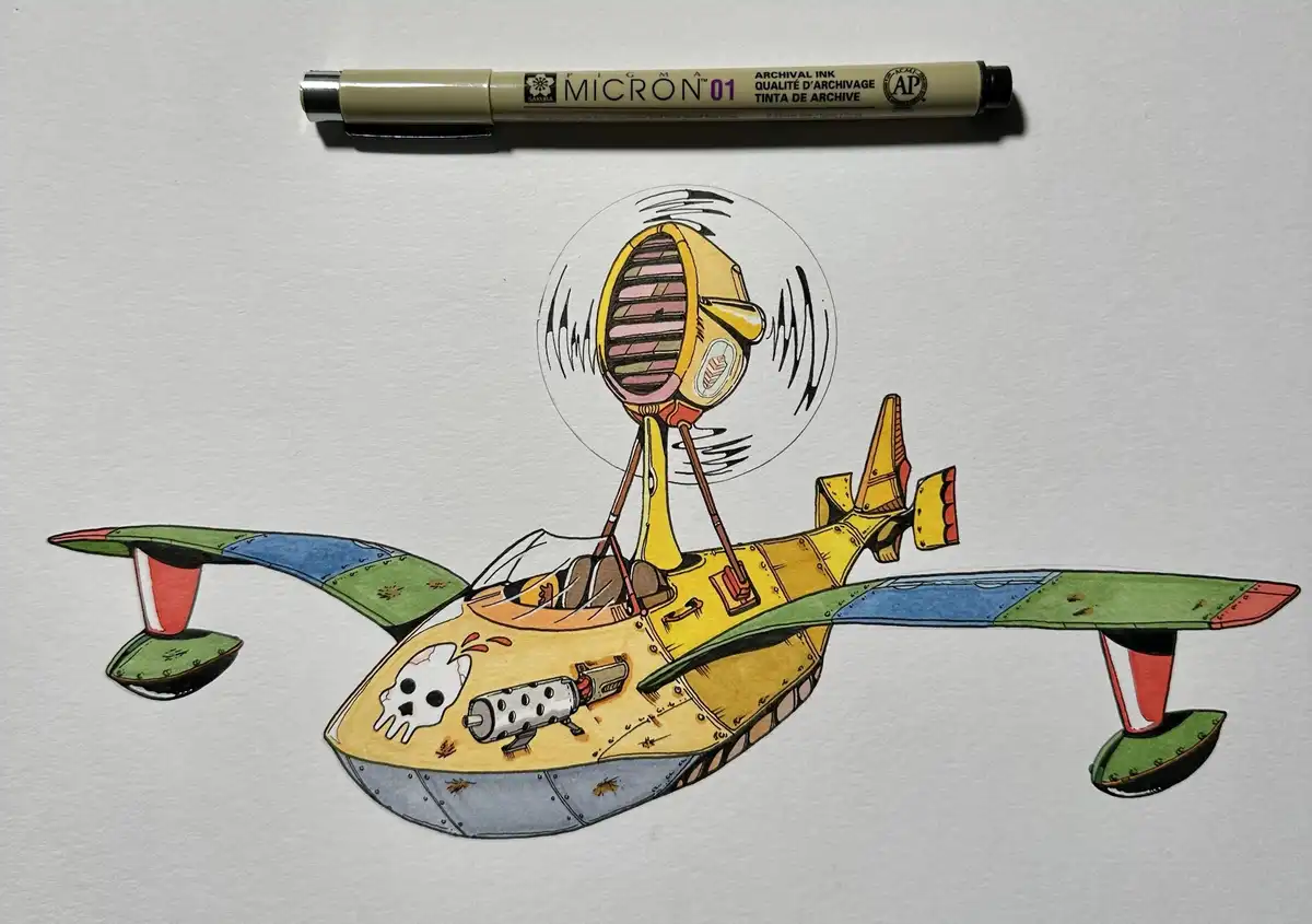 A hand-drawn illustration on white paper shows a yellow, patched-up, cartoonish airplane with a large, spinning propeller…