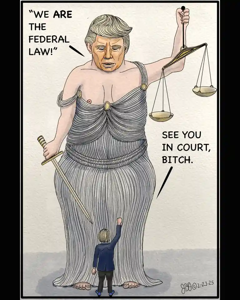 A cartoon depicts a giant figure resembling Donald Trump dressed as Lady Justice, holding scales and a sword, while a tiny…