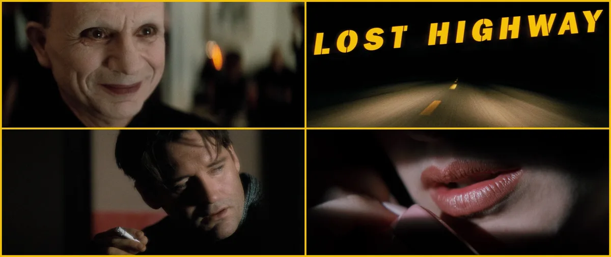 This image is a four-panel collage from the 1997 film 'Lost Highway,' featuring a close-up of a man with a sinister smile, a…