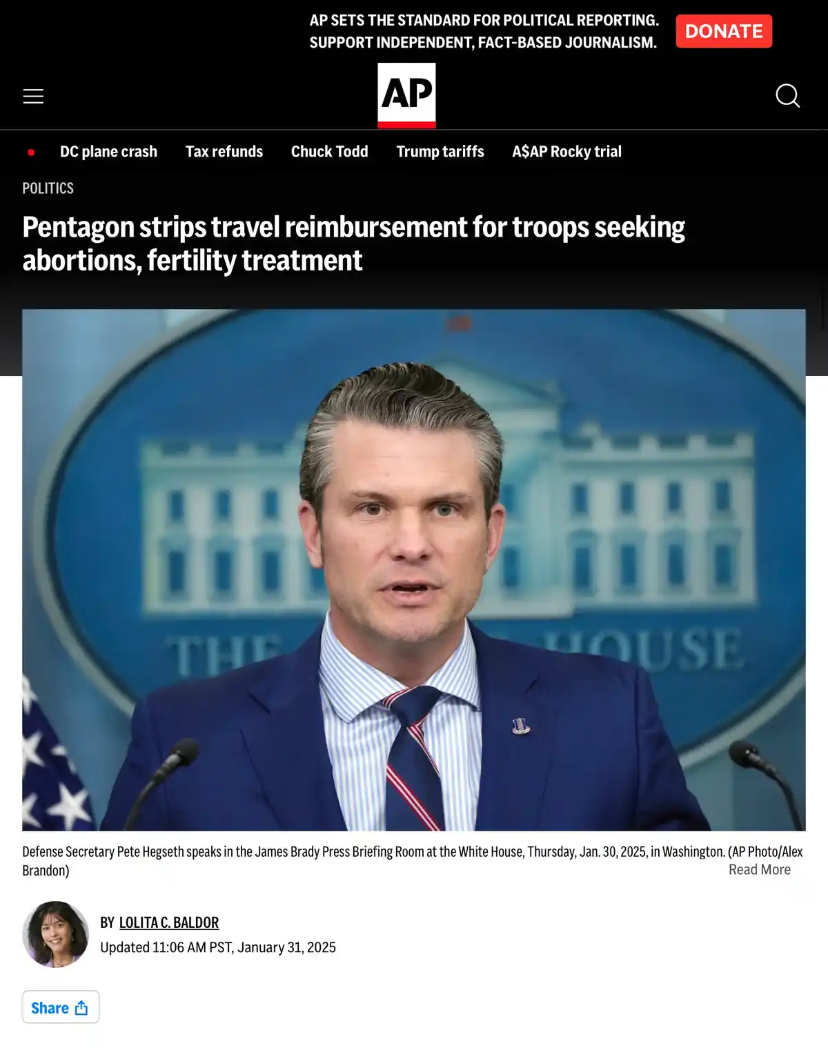 A screenshot of an Associated Press news article shows Defense Secretary Pete Hegseth speaking at a podium in front of a…