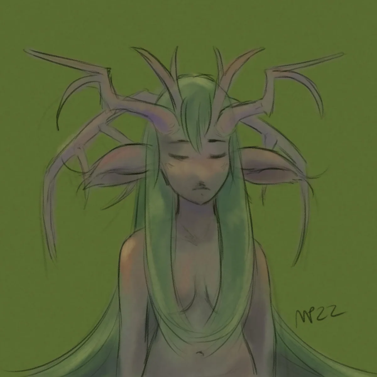 A sketch-style anime character with long green hair, closed eyes, and a sad expression, has multiple spider-like limbs…