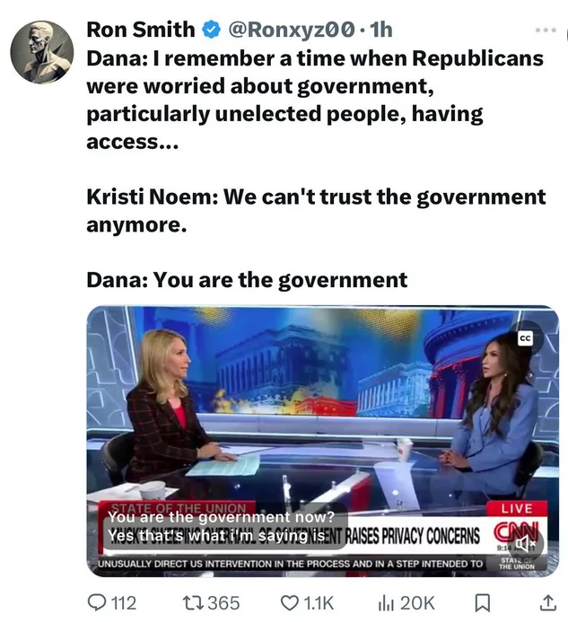 A screenshot of a CNN 'State of the Union' broadcast shows two female anchors, Dana and Kristi Noem, in a studio with a…