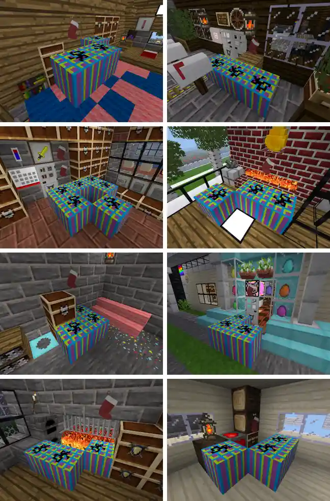 A collage of eight Minecraft screenshots showing a large, colorful striped gift box with a pixelated 'gift' symbol on it…
