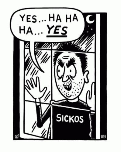 A black-and-white cartoon depicts a man with a manic grin and sweat droplets, pressing his hands against a window pane. He…