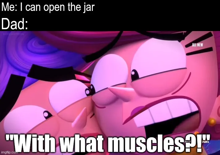 A cartoon image shows a pink, muscular character with an angry, exaggerated expression, teeth bared, and eyes narrowed. The…