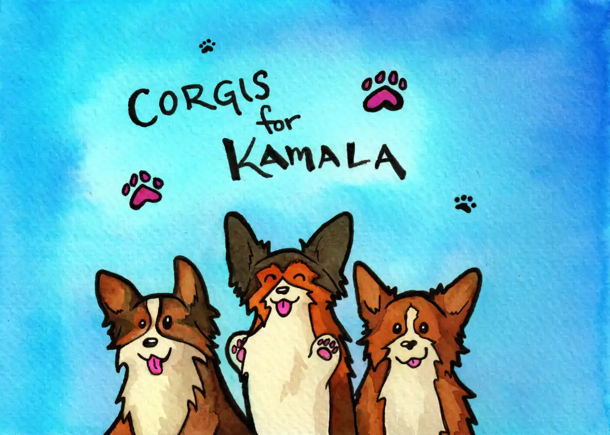 A watercolor-style illustration shows three cartoon corgis with brown and white fur, pink tongues out, and happy expressions…