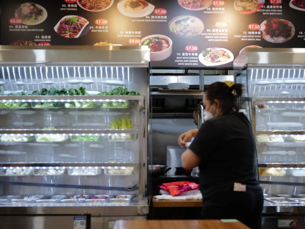 A person wearing a face mask is seen from behind, working in a food stall kitchen with stainless steel food prep counters…