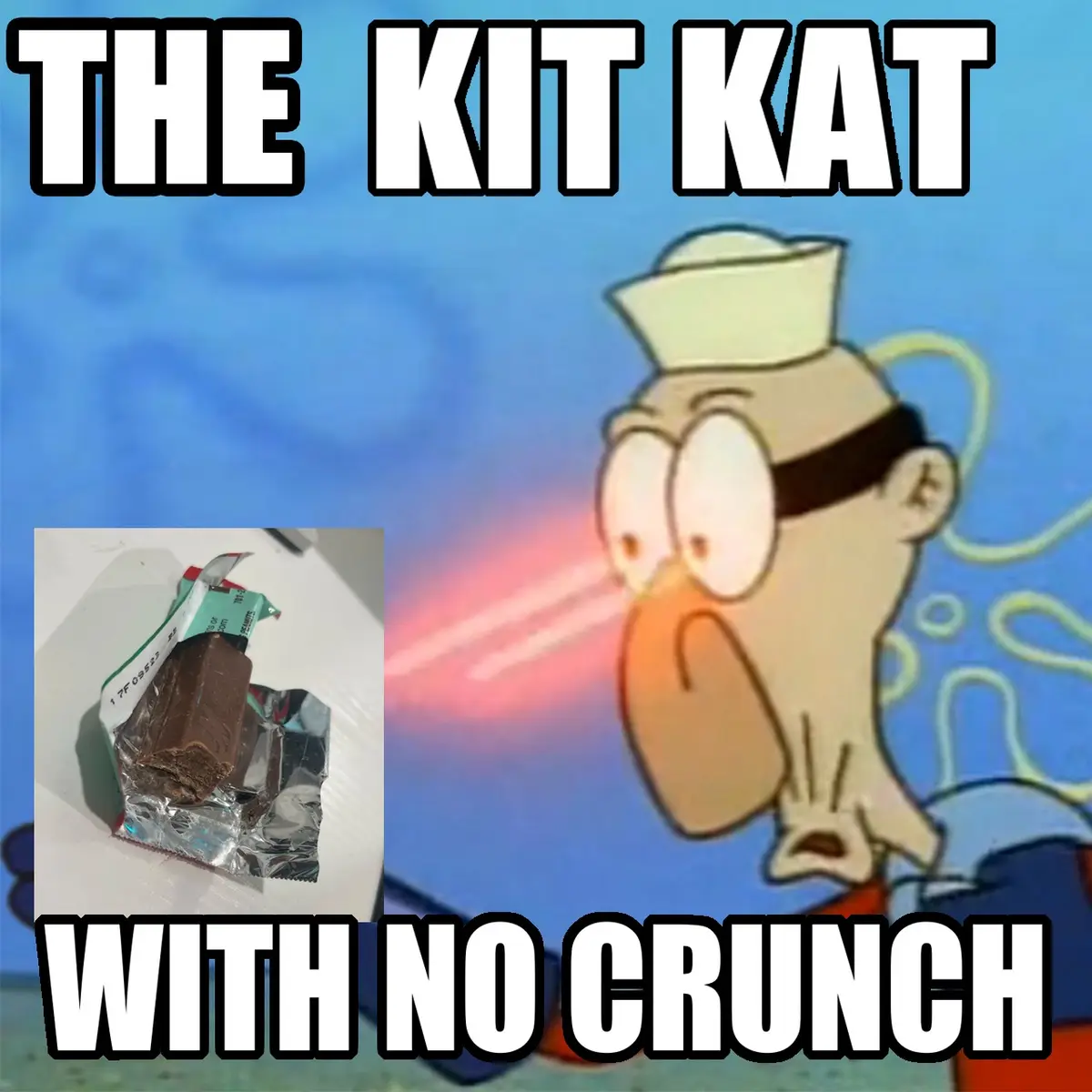 A cartoon image of a sailor character with a shocked expression, overlaid with bold text reading 'THE KIT KAT' at the top…