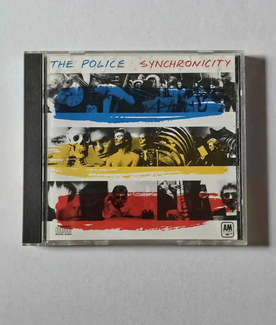 A physical CD case for The Police's album 'Synchronicity' is shown, featuring a collage of images split into three…